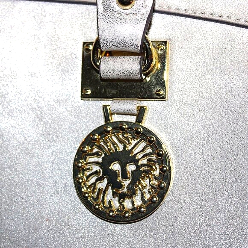 Anne Klein Metallic Satchel Handbag - Silver/Gray - Polka Dot Lining - Lion Logo - Picture 4 of 12